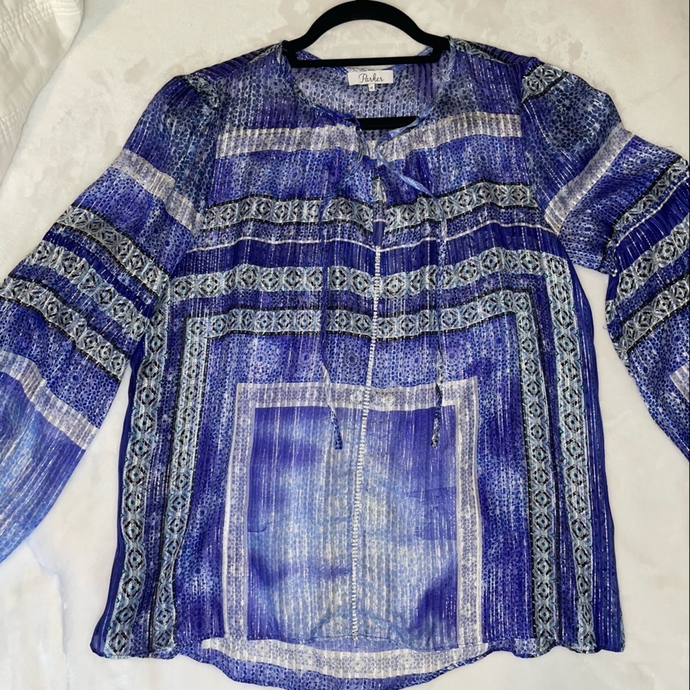 Parker blue + metallic beautiful sheer silk top